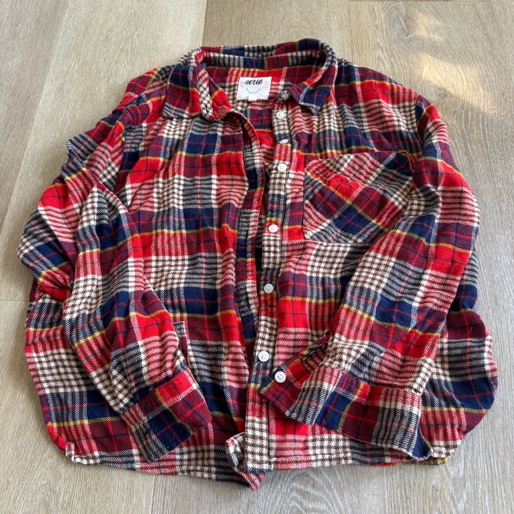 Aerie Red and Blue Plaid Button-Up Shirt